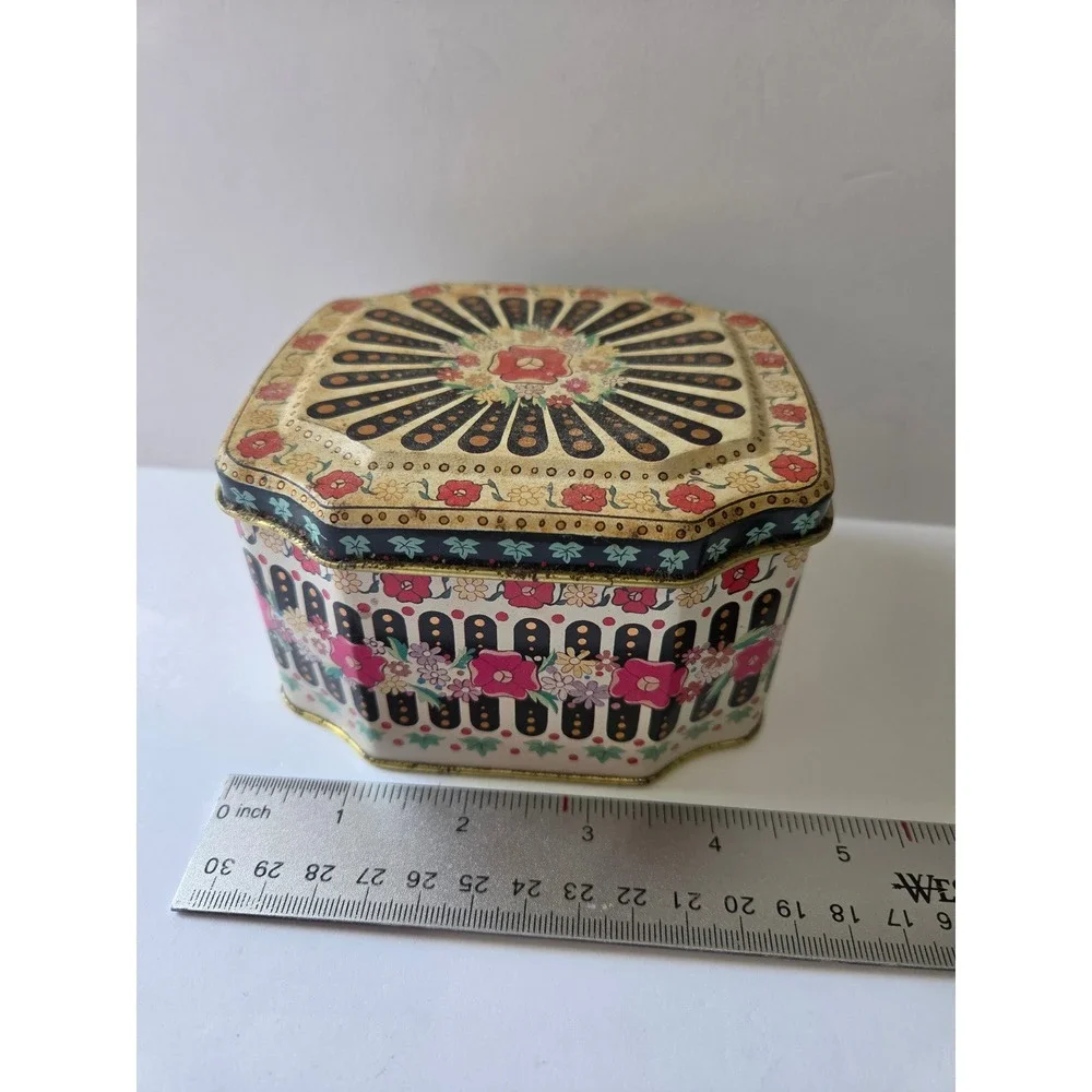 Vintage Meister Brazil Octagonal Floral Candy Tin Decorative Metal Box 12oz